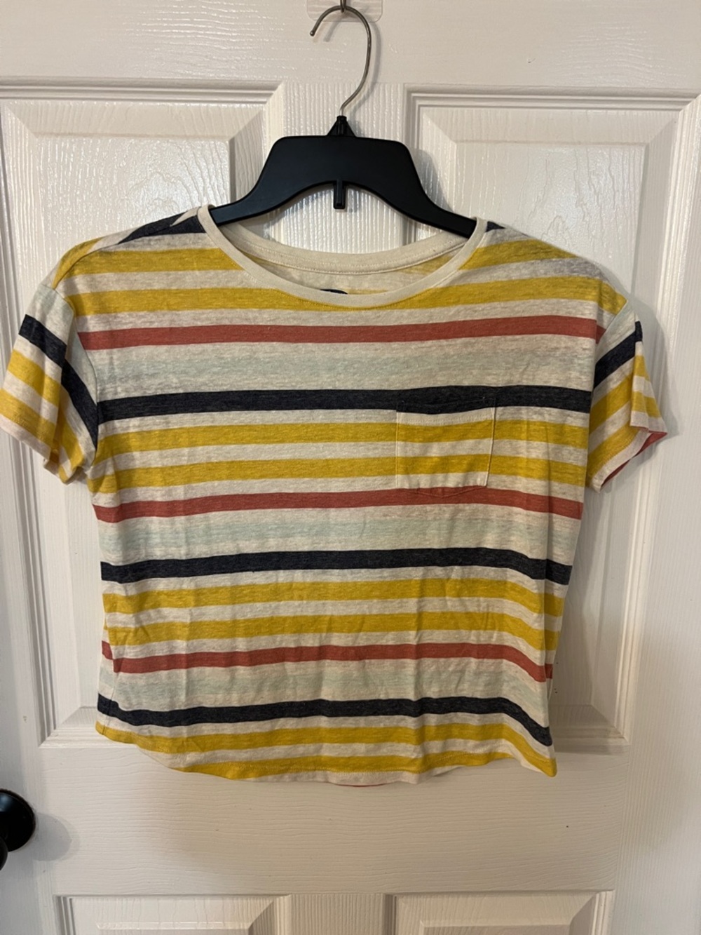 Old Navy Cropped Striped Pocket Tee in Yellow, Black & Rust